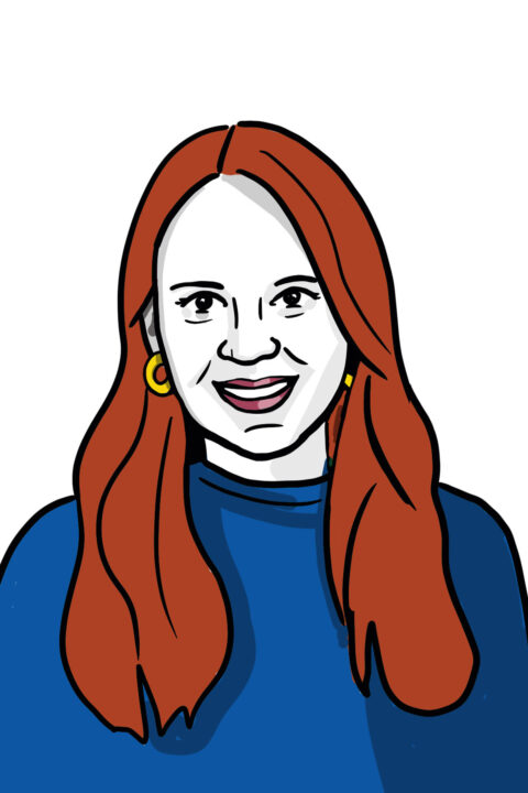 An illustration of Emily in a dark blue sweater and red lipstick