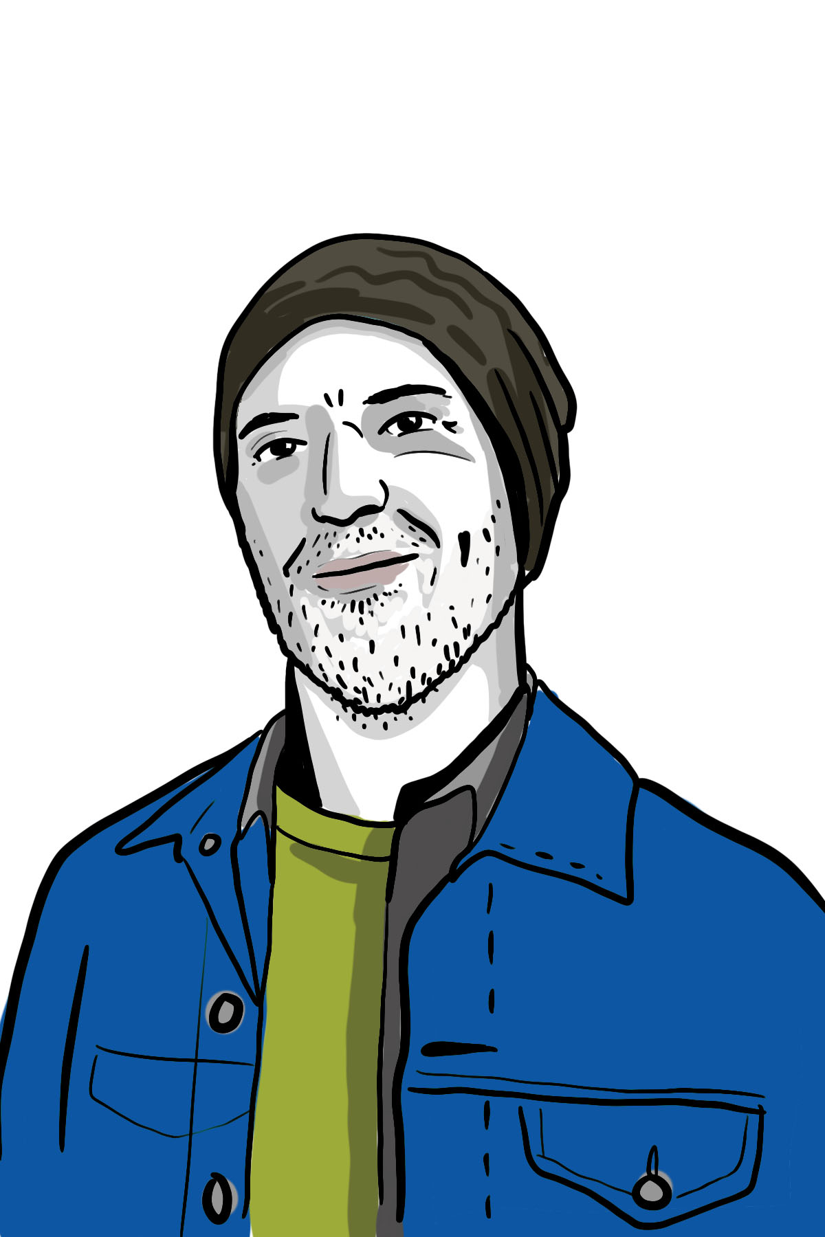 Illustration of Nathan in a blue coat and a grey beanie