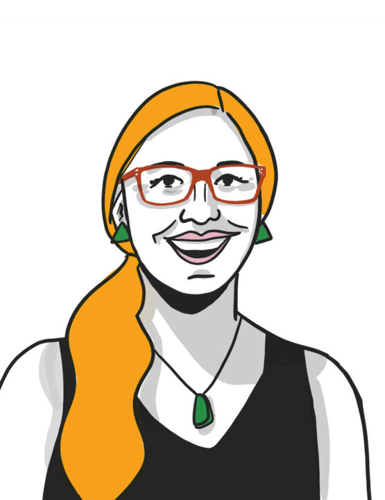 illustration of Katie with a green necklace and earrings