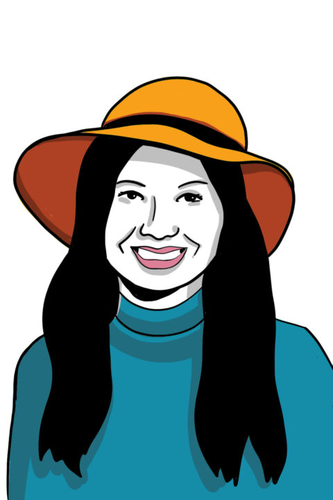 An illustration of Paige with a blue turtleneck and a sun hat