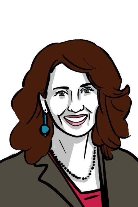 illustration of Heather in a grey blazer with a necklace and earrings
