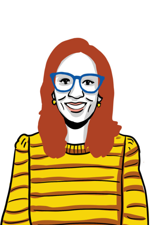 An Illustration of Jess with blue glasses and a yellow sweater