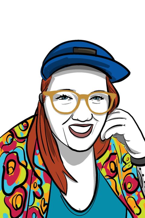 An illustration of Jude with a bright patterned shirt glasses and a hat