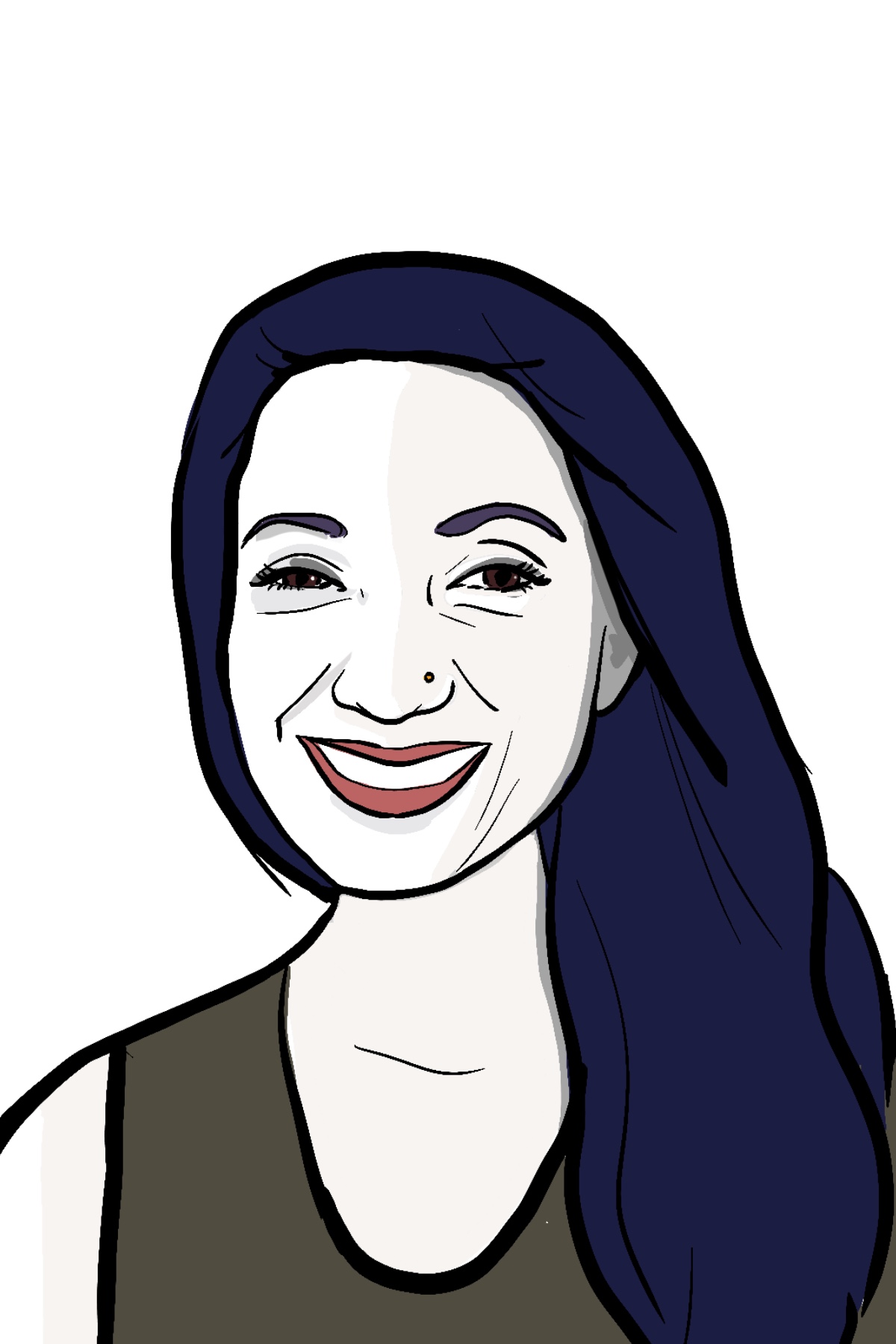 An illustration of Nayssam with a nosr ring and a grey tank top