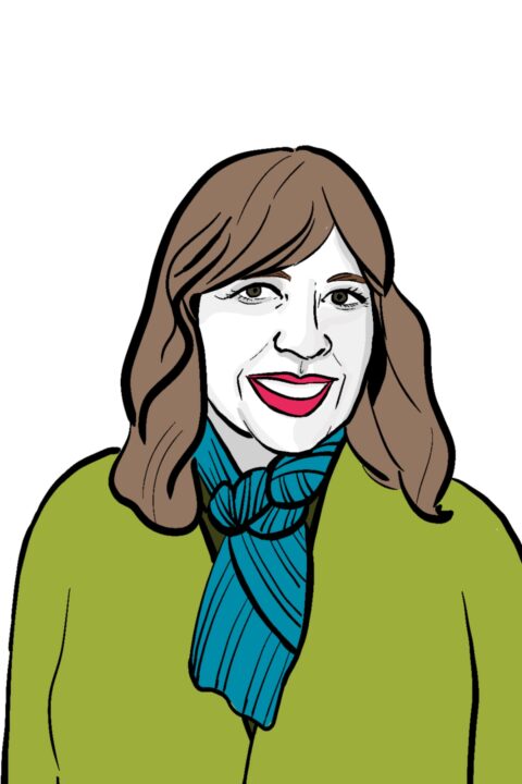 Illustration of Romina in a green sweater and a blue scarf