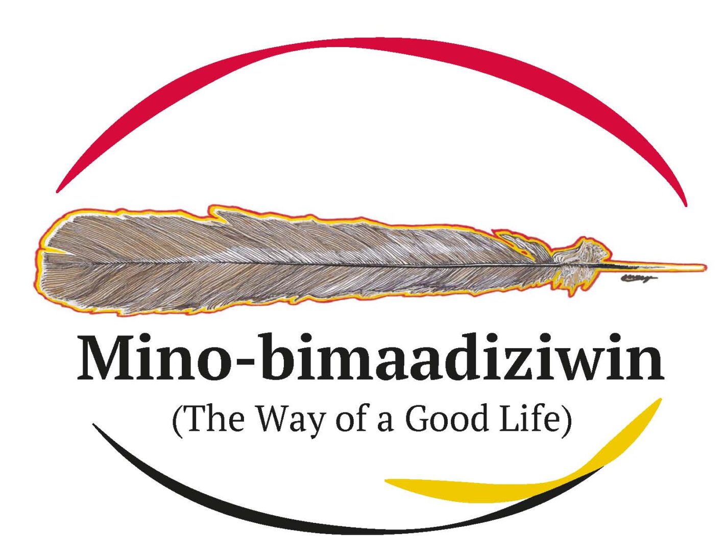 Logo with feather for Mino-bimaadiziwin - The Way of a good life.