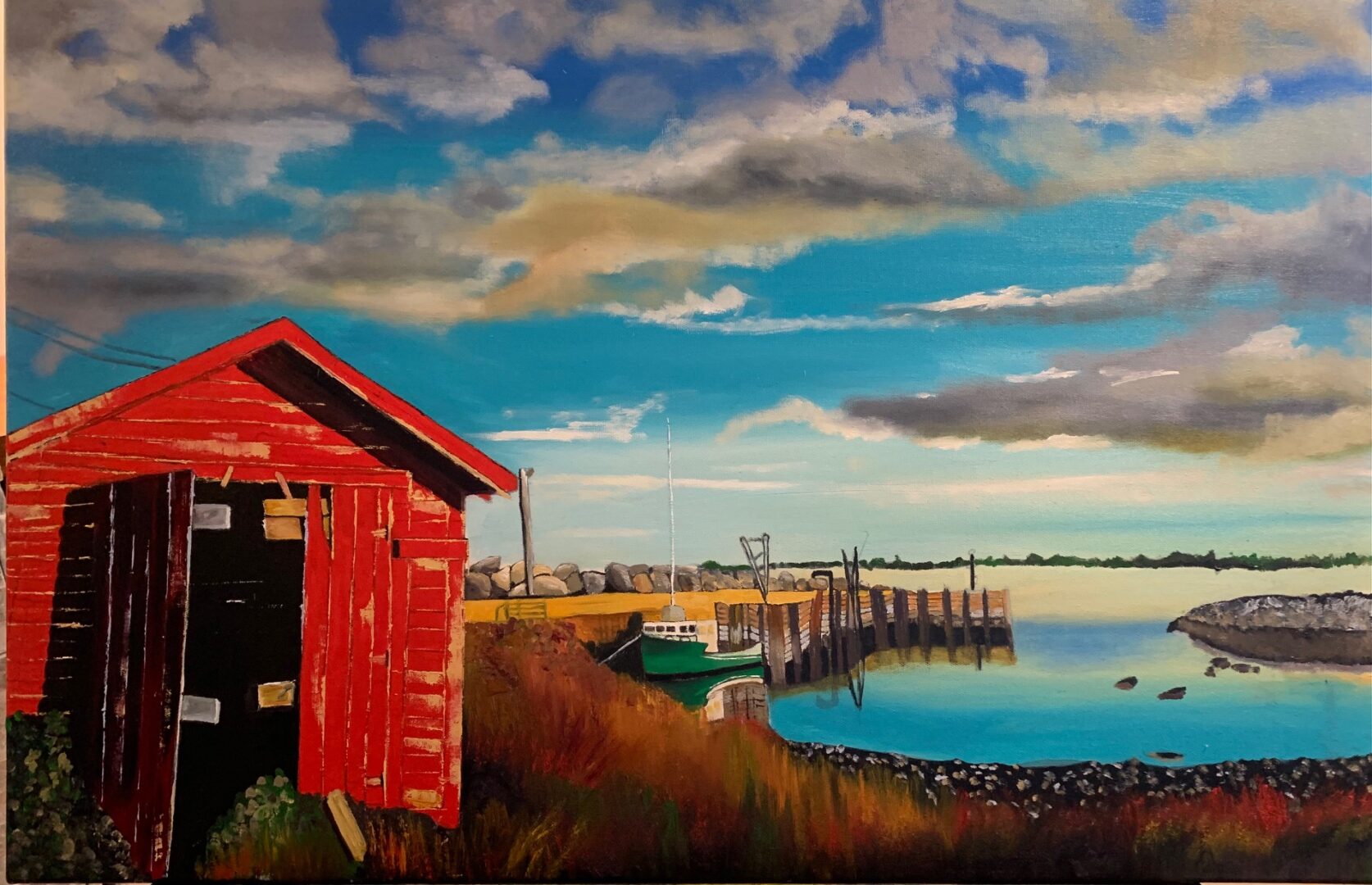 Painting of a coastal landscape including clouds and a red barn in foreground.