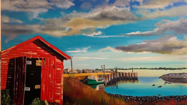 Painting of a coastal landscape including clouds and a red barn in foreground.
