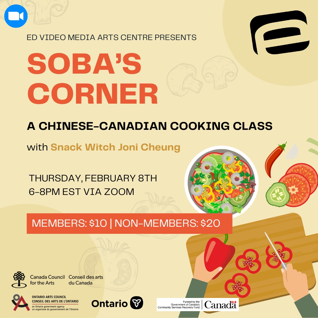 A graphic with imagery of someone cutting up vegetables. Text reads Soba's Corner - a chinese-canadian cooking class. Thursday February 8 6-8pm.