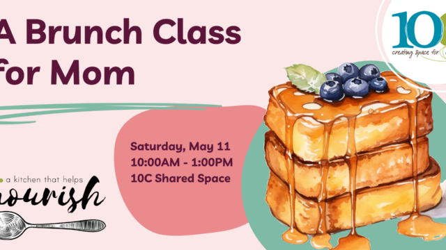 Pink graphic that has a picture of french toast and reads a brunch class for mom