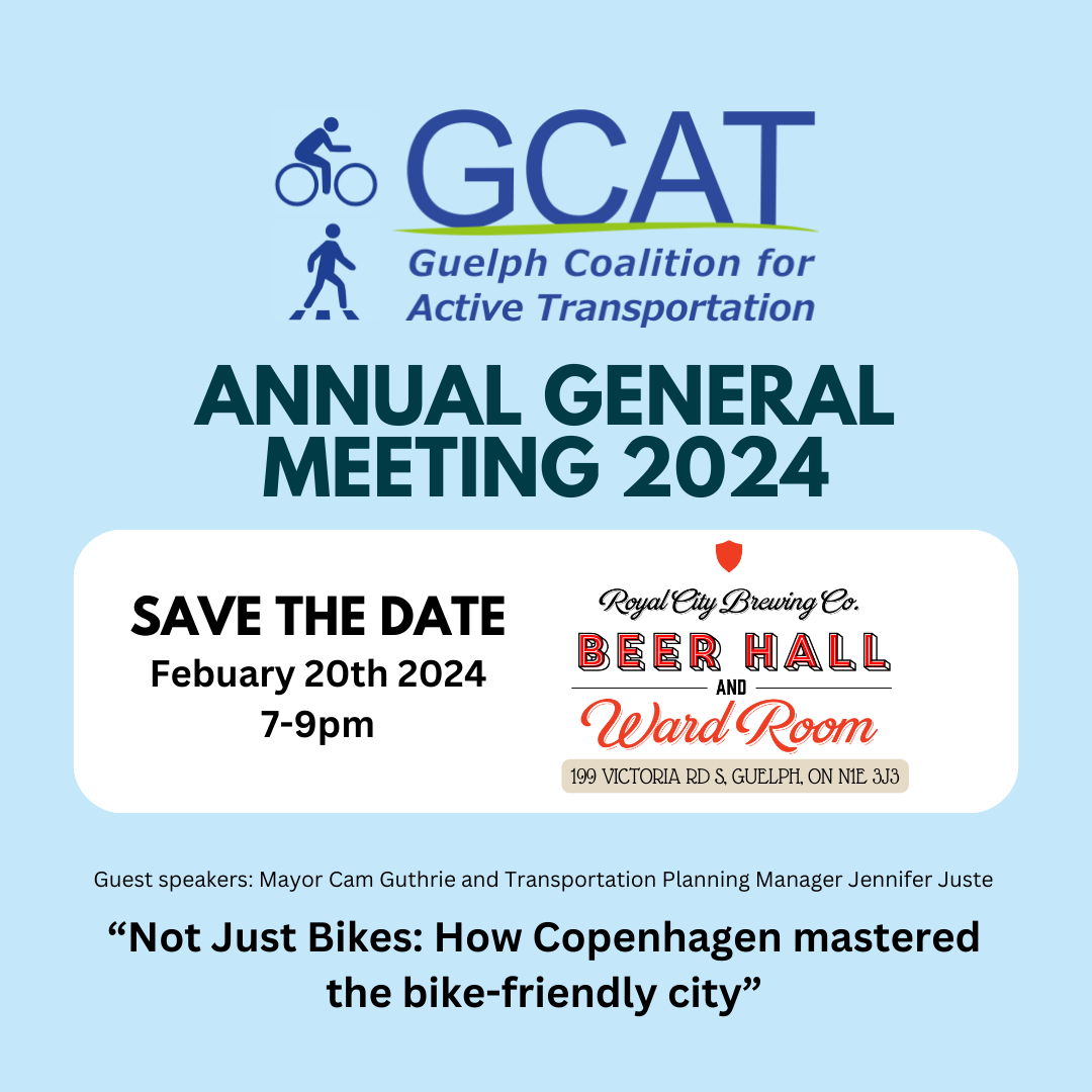 Graphic with blue background. Text reads GCAT Annual General Meeting 2024 Save the date: February 20th 7-9pm - Royal City Brewing