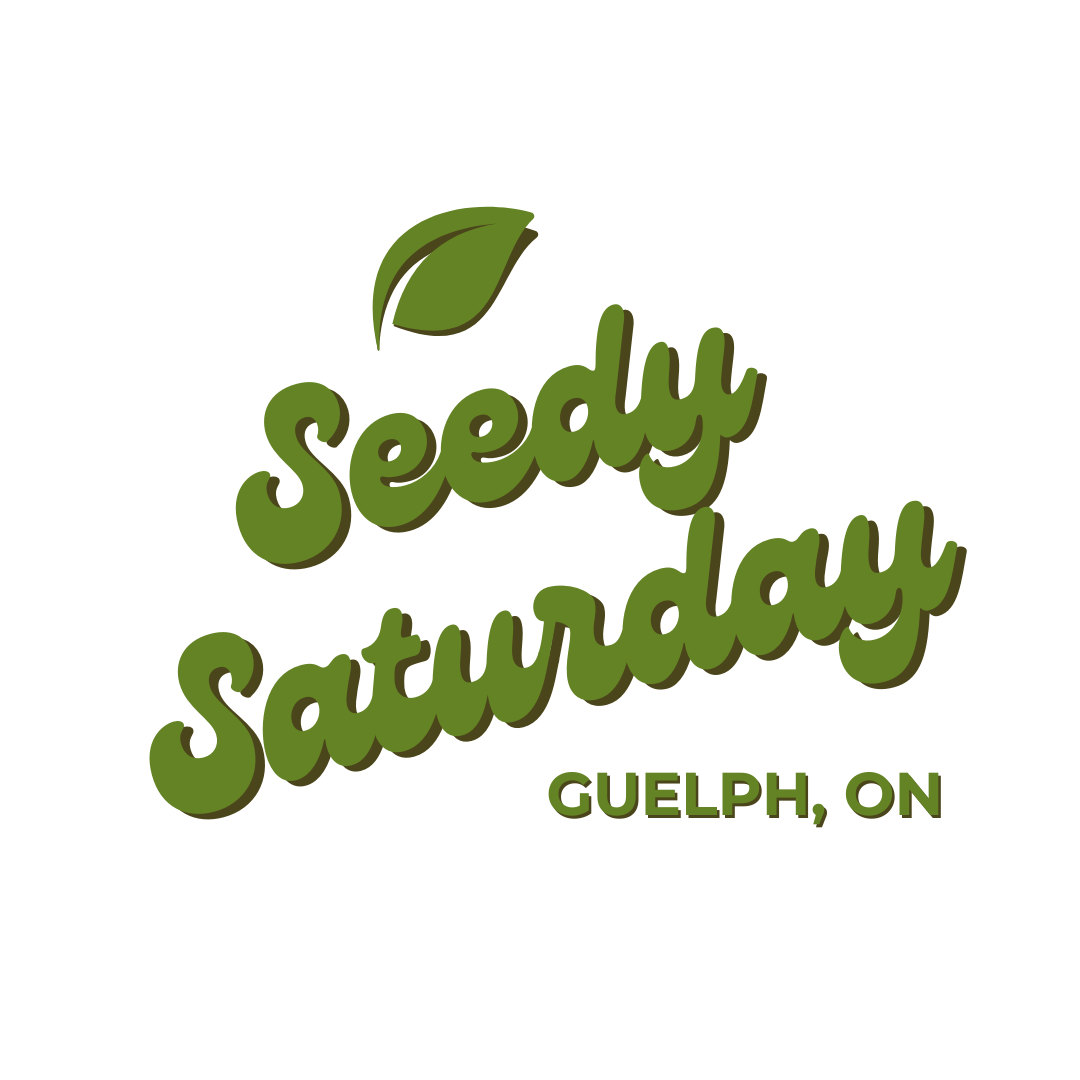 Graphic with green text that reads Seedy Saturday Guelph, ON