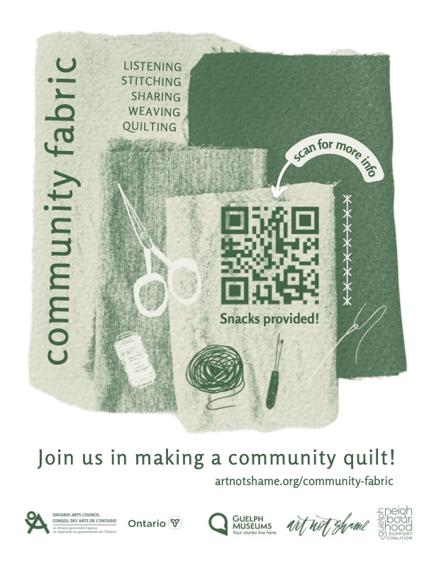 A graphic with patches of green fabric. Text reads Community Fabric: Listening, Stitching, Sharing, Weaving, and Quilting. Snacks Provided.